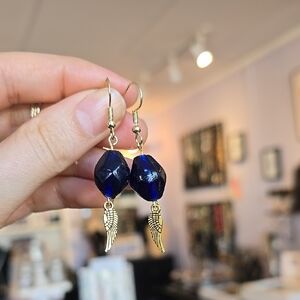 Brand New! Handmade Blue Glass and Gold Wing Earrings